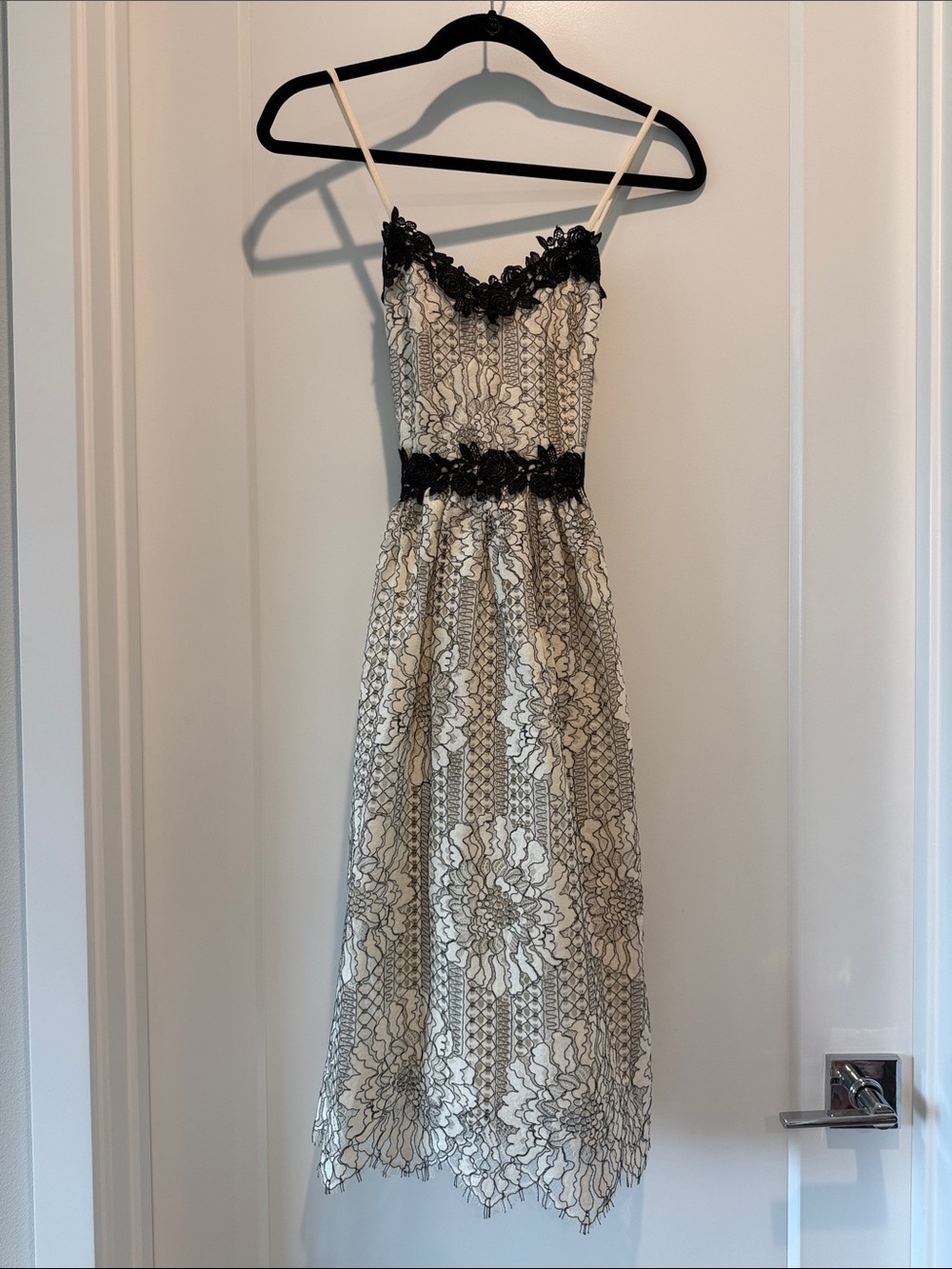 Ivory Midi Dress with Black Lace Accents
